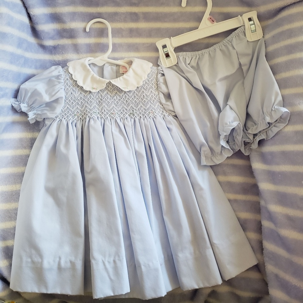 3 month blue smocked dress and bloomers